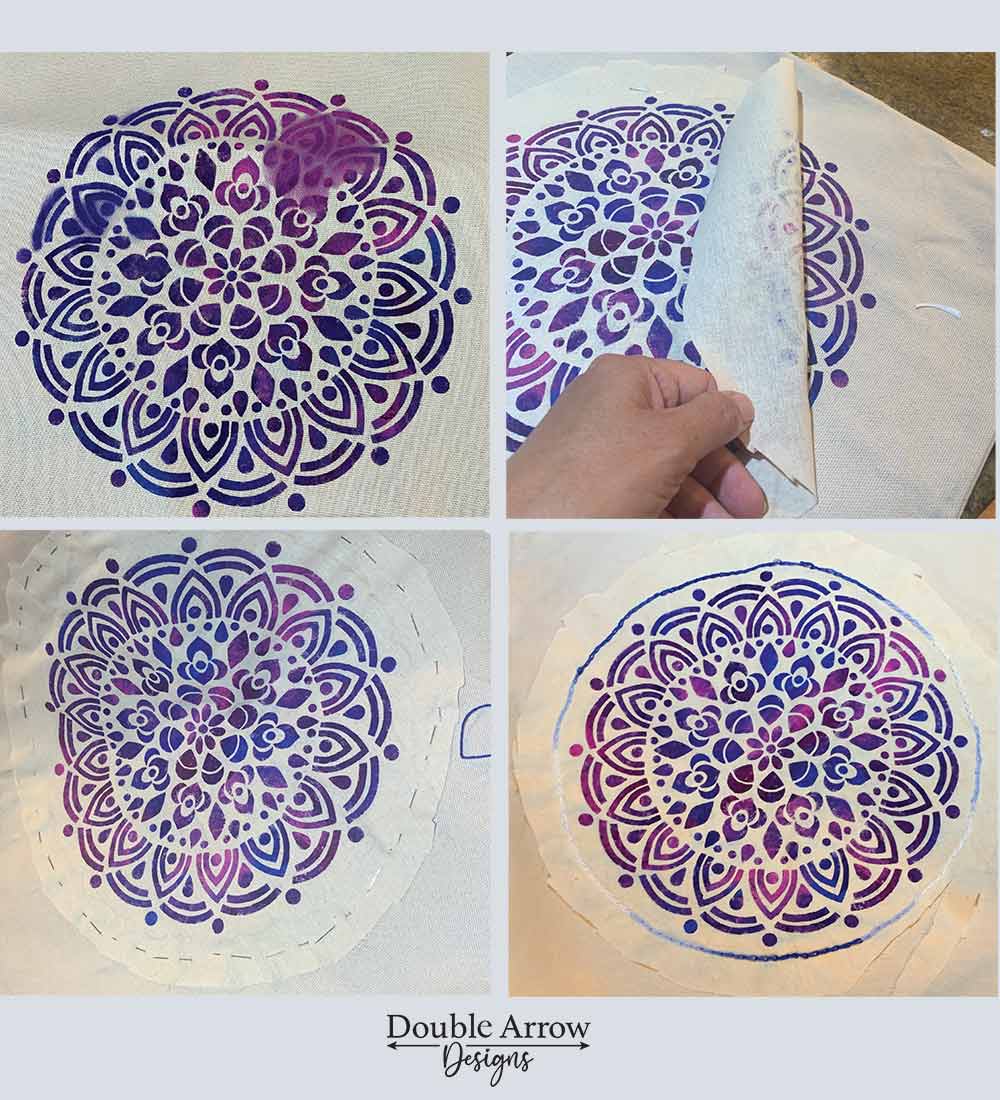 4 images showing the process of a finished painted medallion design that has been smudged, next image is of a new painted design over smudged design, next being pinned in place and last, embroidered down.