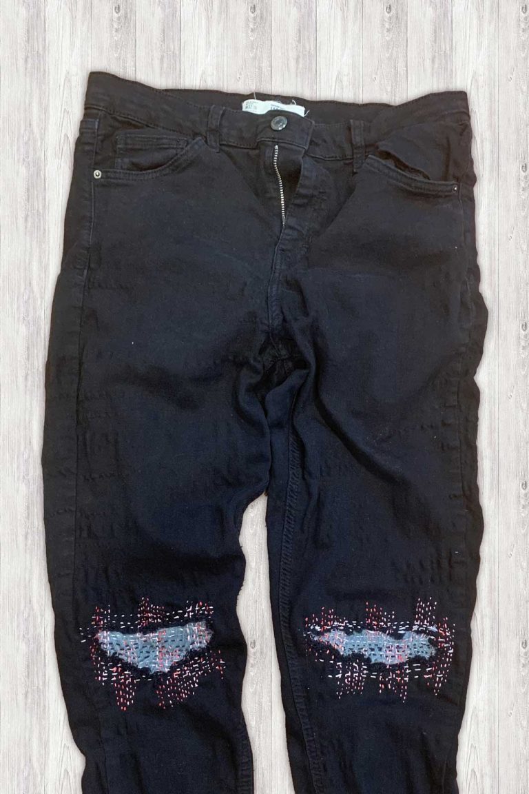 black Jeans with running stitch patches