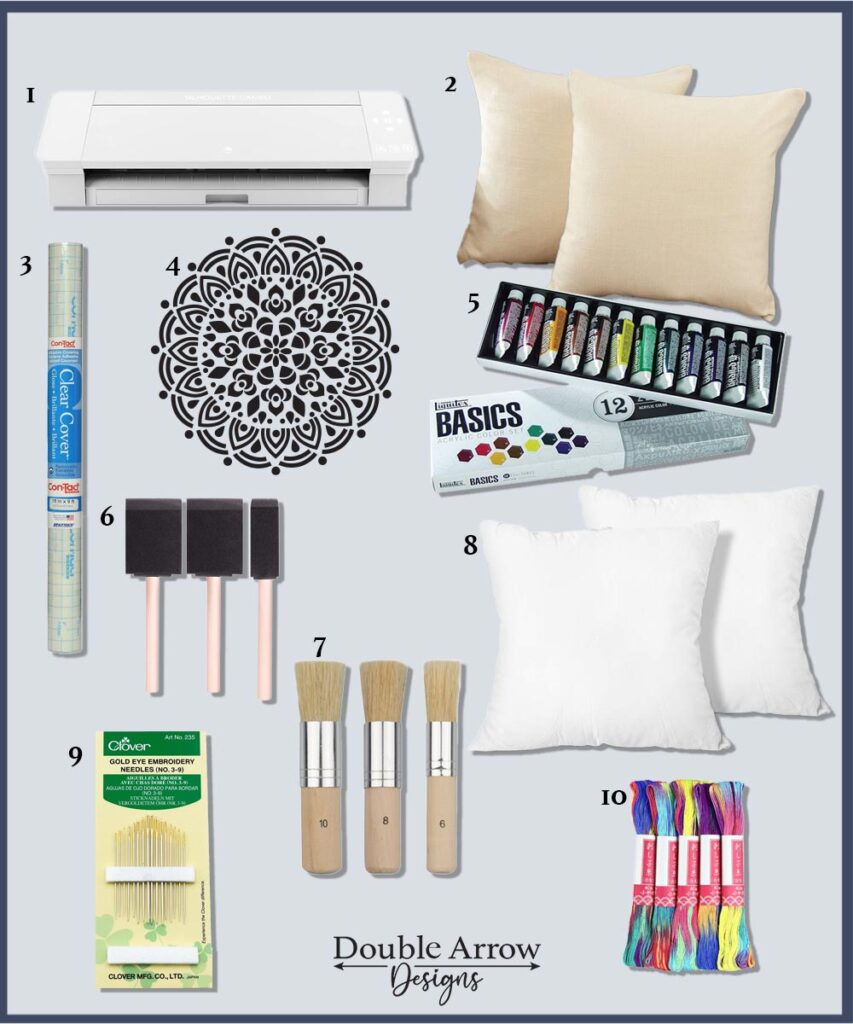 products used to stencil pillows, showing a silhouette cutting machine, pillow inserts and pillow covers, medallion stencil, paint, brushes,needle and thread.