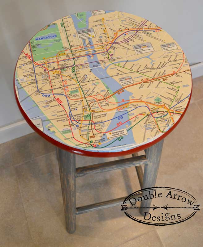 nyc subway map decoupage on wood stool