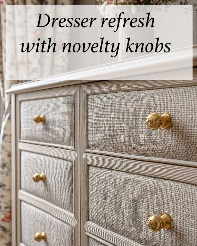 dresser with gold knobs and beige cloth drawer faces