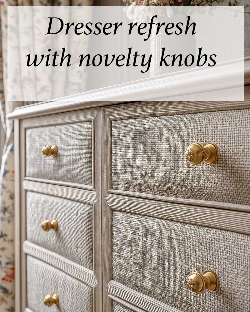 dresser with gold knobs and beige cloth drawer faces 
