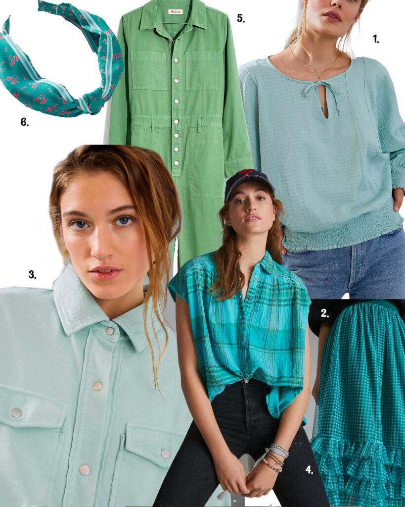 Models in a variety of mint to blue colors in apparel