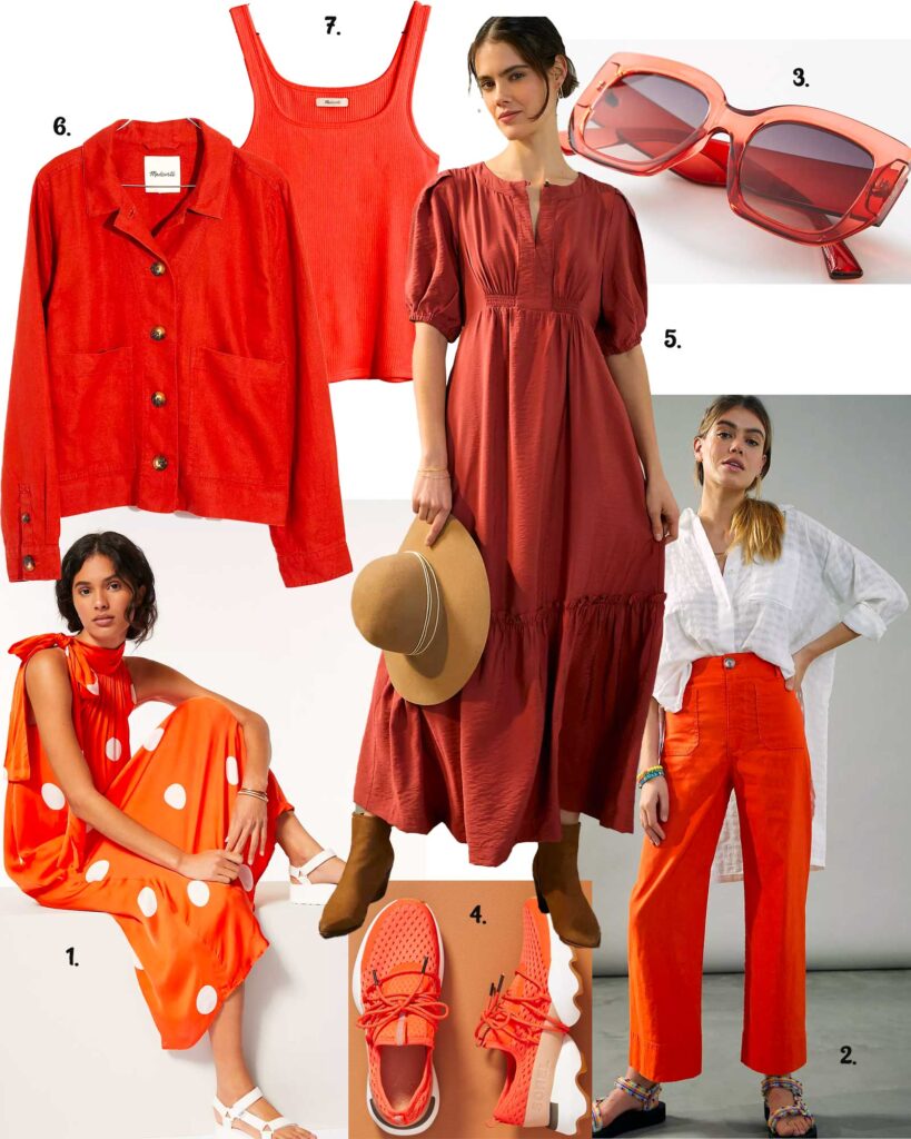 Models in a variety of orange apparel or spring