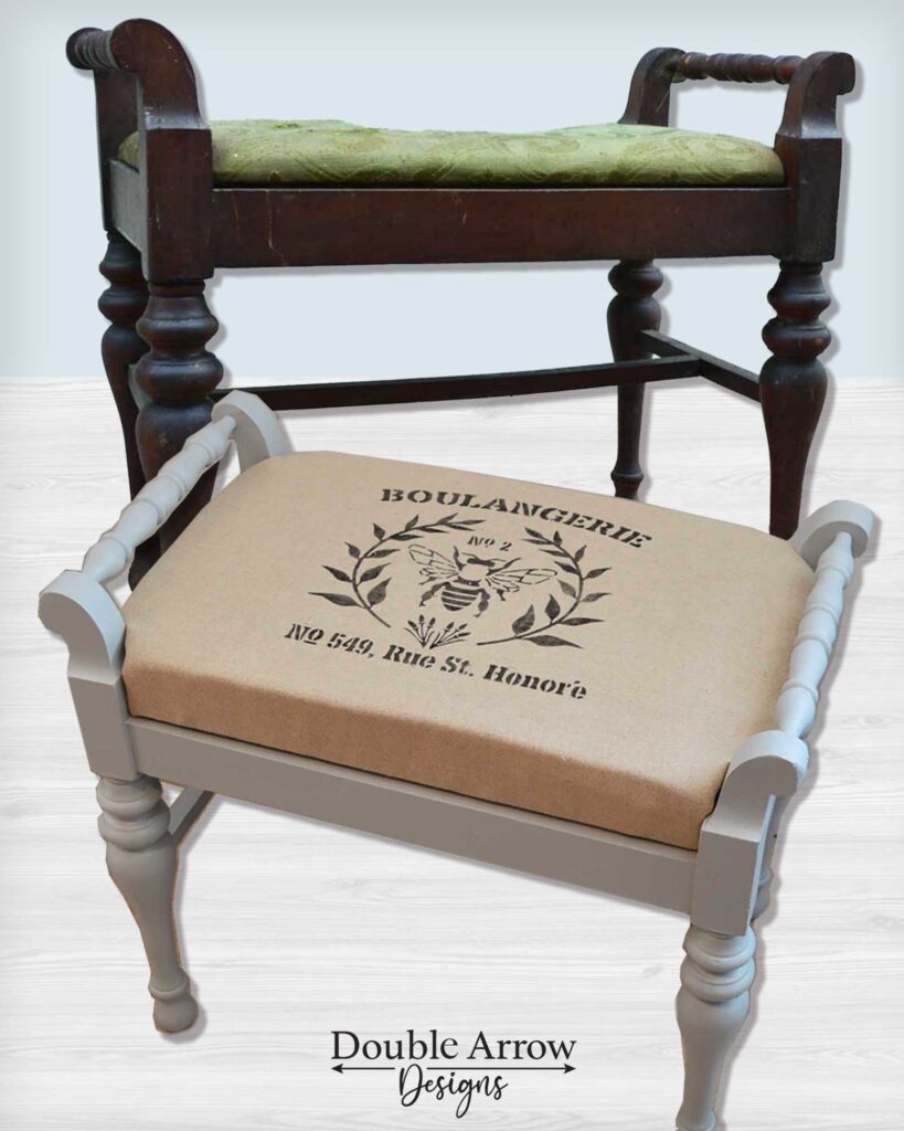 before and after upholstered bench, old is dark wood, ripped green upholstery, new is painted light grey, stenciled canvas upholstered seat