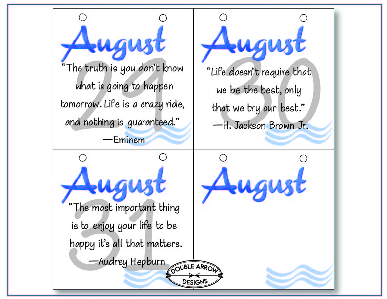 August Calendar Printable 29-31 with an inspirational quote on each square. Last square empty