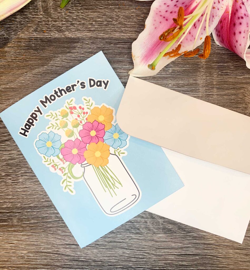 happy mothers day card with illustration of flowers in mason jar