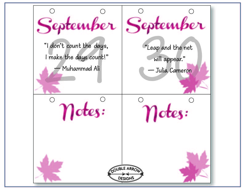 september 29-30 calendar with inspirational quotes with additional note pages