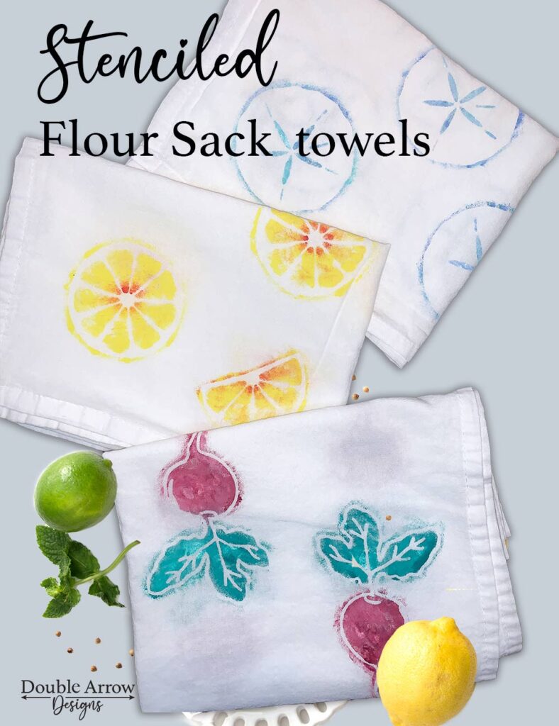 stenciled flour sack tea towels radish, lemon , and sand dollar