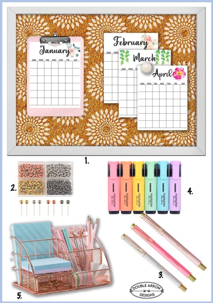 bulletin board with perpetual calendar and desk supplies