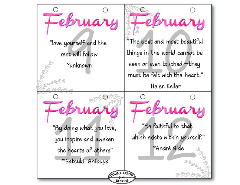 February inspirational calendar page. February 9th to the 12th.