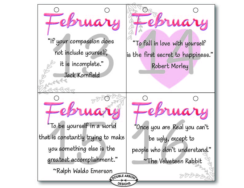 February inspirational calendar page. February 13th to the 16th.