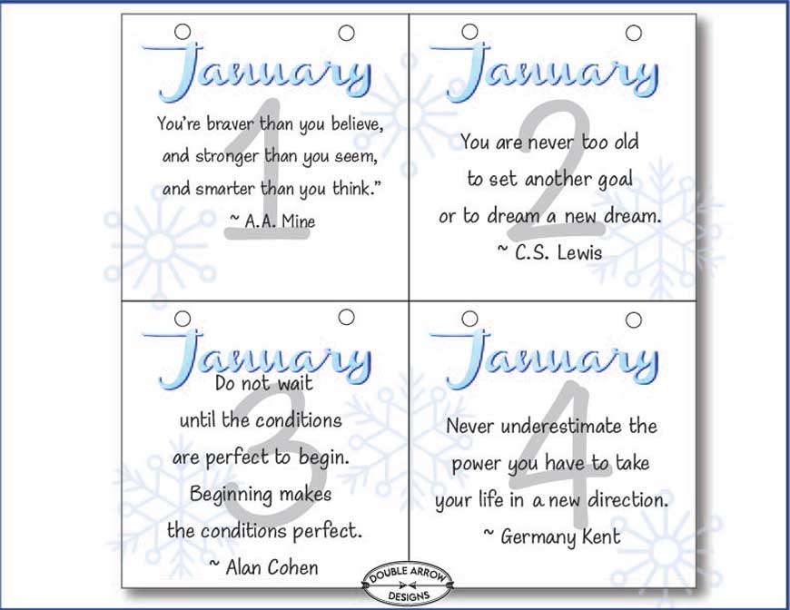 January inspirational calendar for January 1 to January 4th.