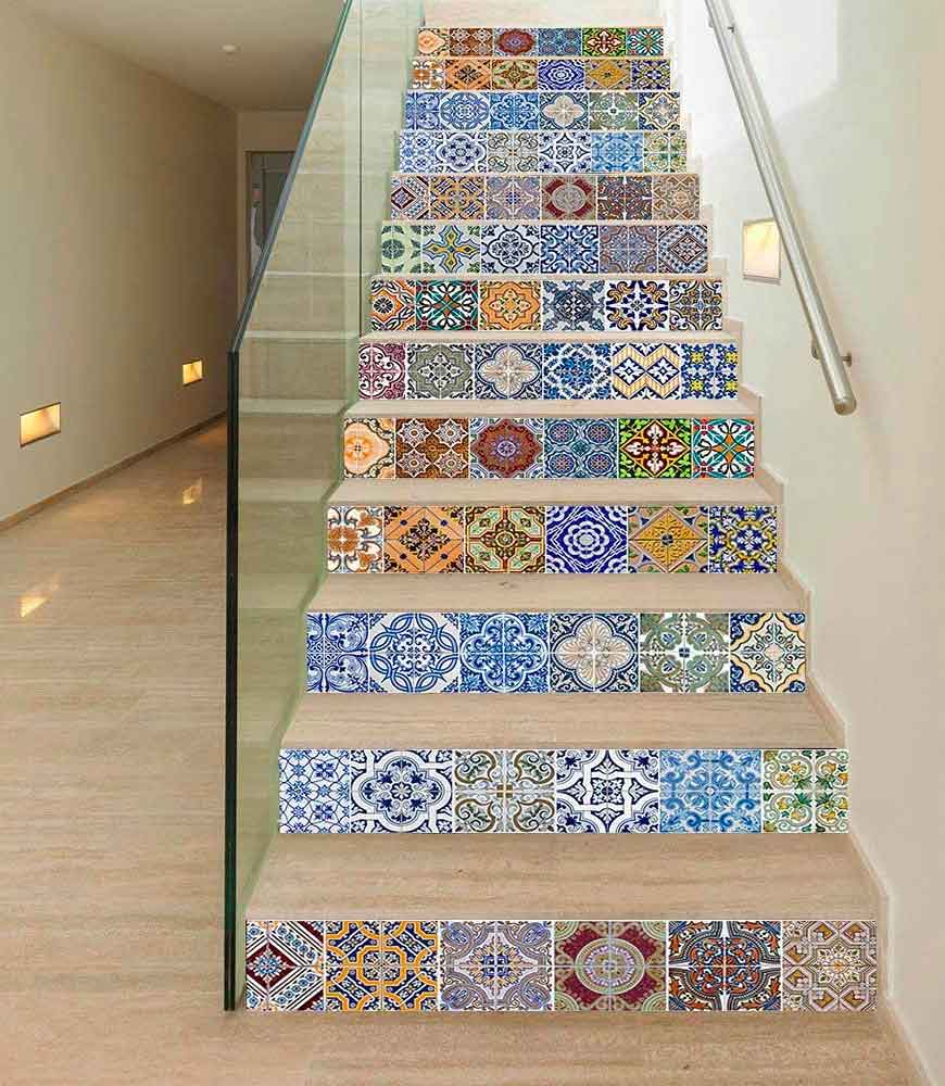 peel and stick tile wallpaper on stair risers