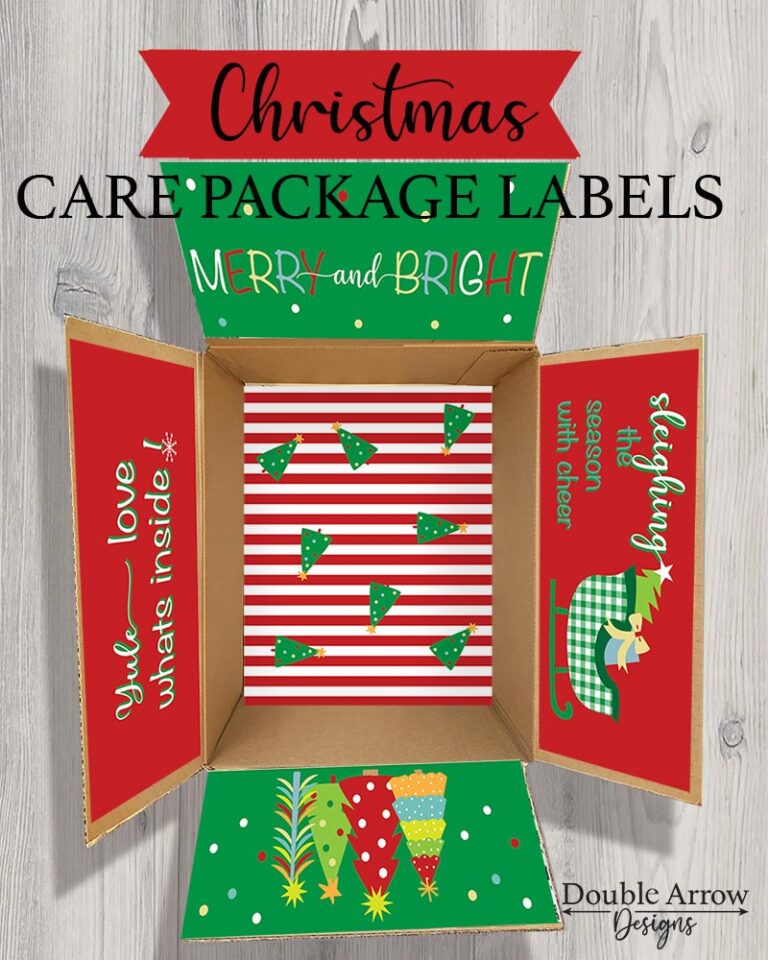 Christmas care package showing a box with brightly printed red green and white labels "Yule love whats inside" "sleighing the season with cheer" "merry and Bright"