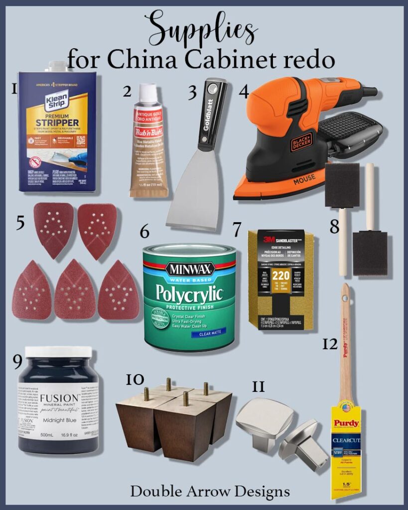 supplies used to refinish old china cabinet