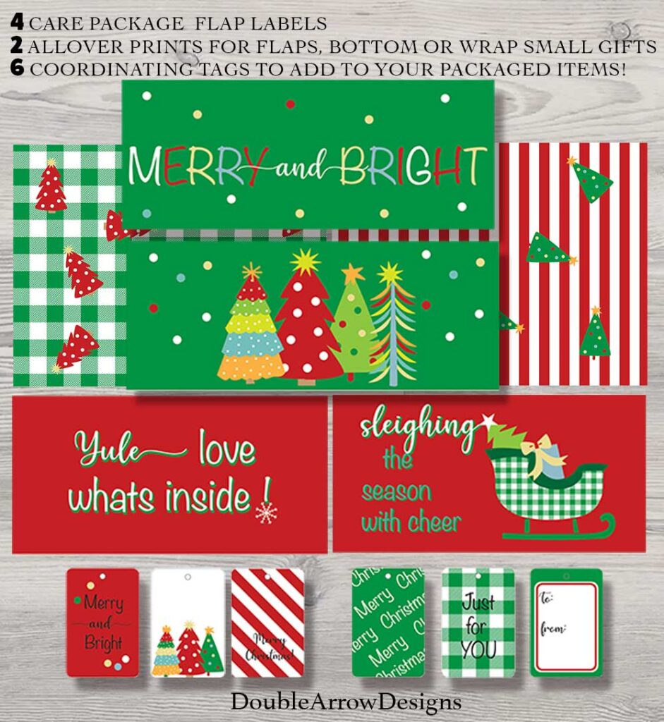 Christmas care package showing labels and tags with brightly printed red green and white labels "Yule love whats inside" "sleighing the season with cheer" "merry and Bright"