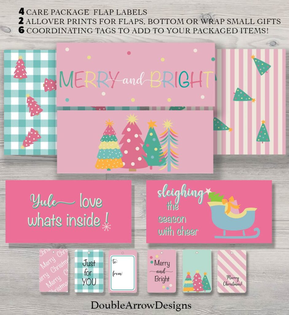 Christmas care package showing labels and tags with pink and aqua printed labels "Yule love whats inside" "sleighing the season with cheer" "merry and Bright"