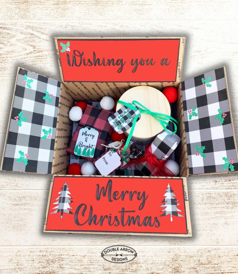 christmas labels for care package. labels in red that read wishing you a merry christmas and for two flaps and the other flaps with black and white check wit holly filled with presents.