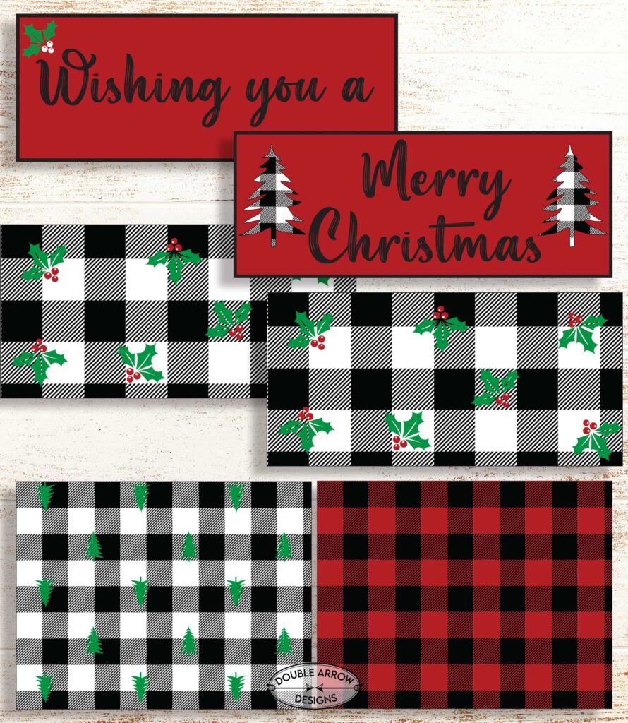 Christmas labels that read Wishing you a Merry Christmas and black and white check patterns with holly and trees. one in red and black check.