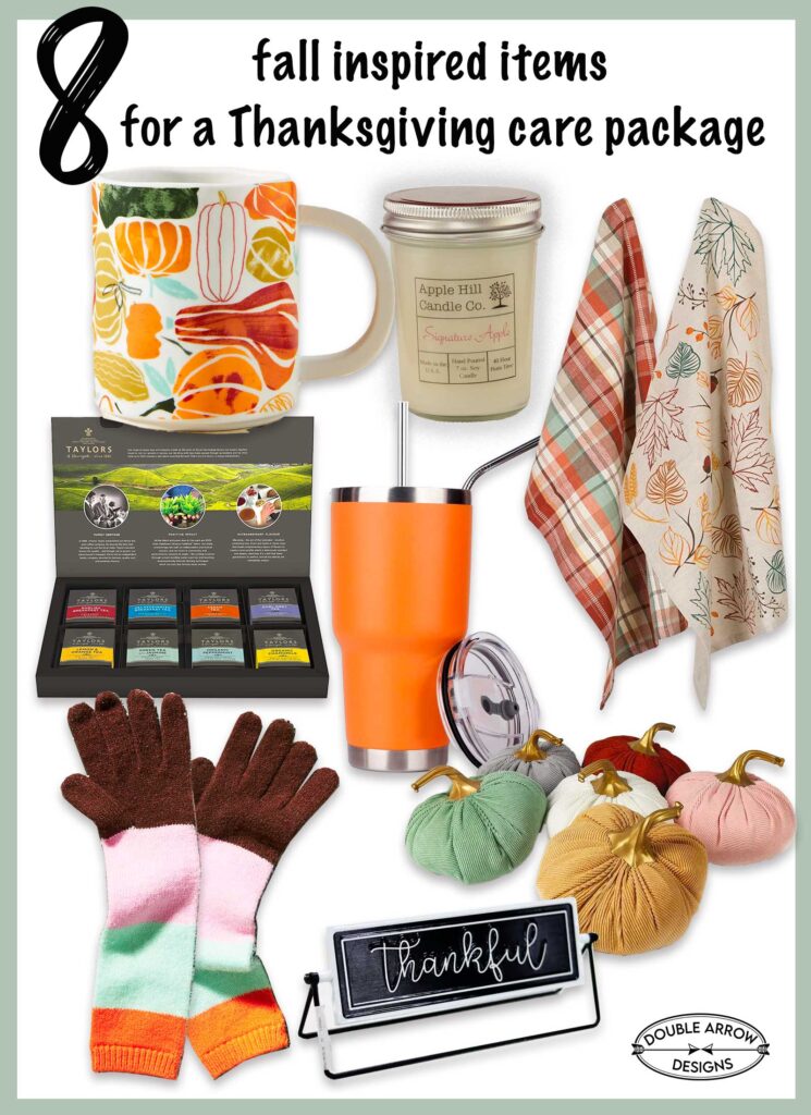 8 fall inspired items for a thanksgiving are package. mug, tea towels, candle, tea, thermos, decorative fabric pumpkins, gloves, thankful sign.