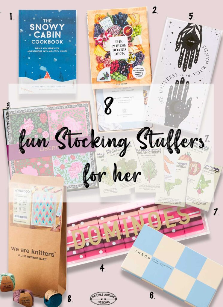 8 fun stocking stuffers for her showing a cookbook, cheese board recipes, affirmation book, puzzle, salad seeds,yarn kit, domino set and chess set
