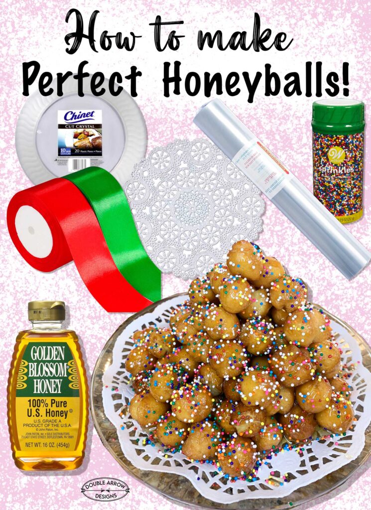 How to make honey balls with supplies shown plastic plates, cellophane, ribbon, sprinkles, paper doilies and a plate of honeyballs.