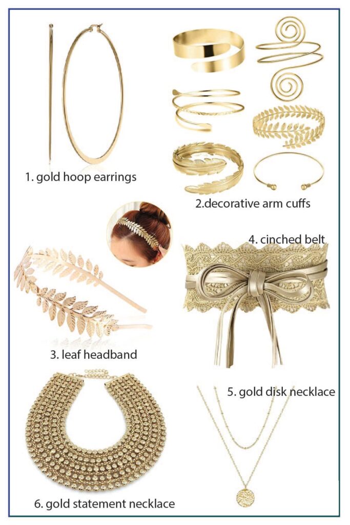 gold accessories for diy toga costumes, include arm cuffs, earrings, belt, crown and necklaces