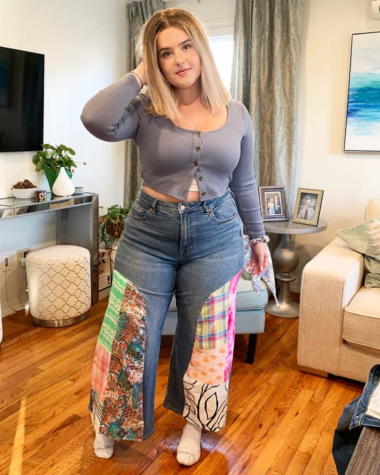 patchwork jeans diy girl wearing wide leg patchwork pants