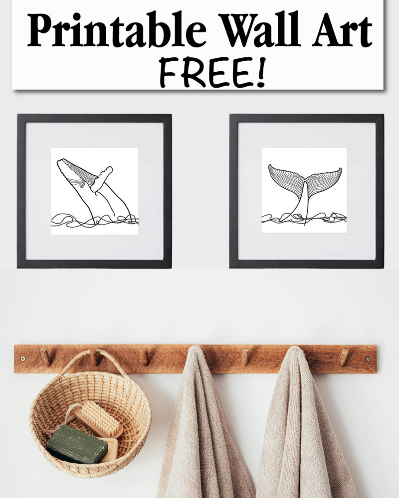 printable wall art. black and white drawings. one of a whale coming out of the water , one of a whale fin going into the water.