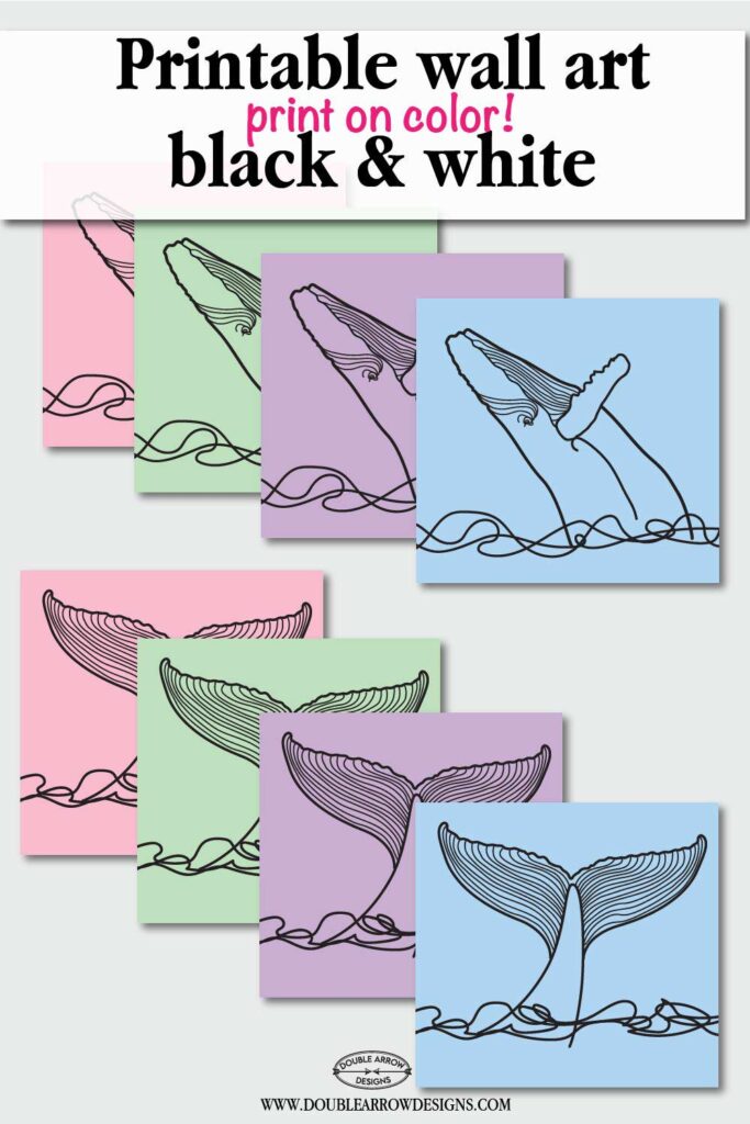 printable whale wall art shown printed on solid color paper. pink, green, purple, blue.