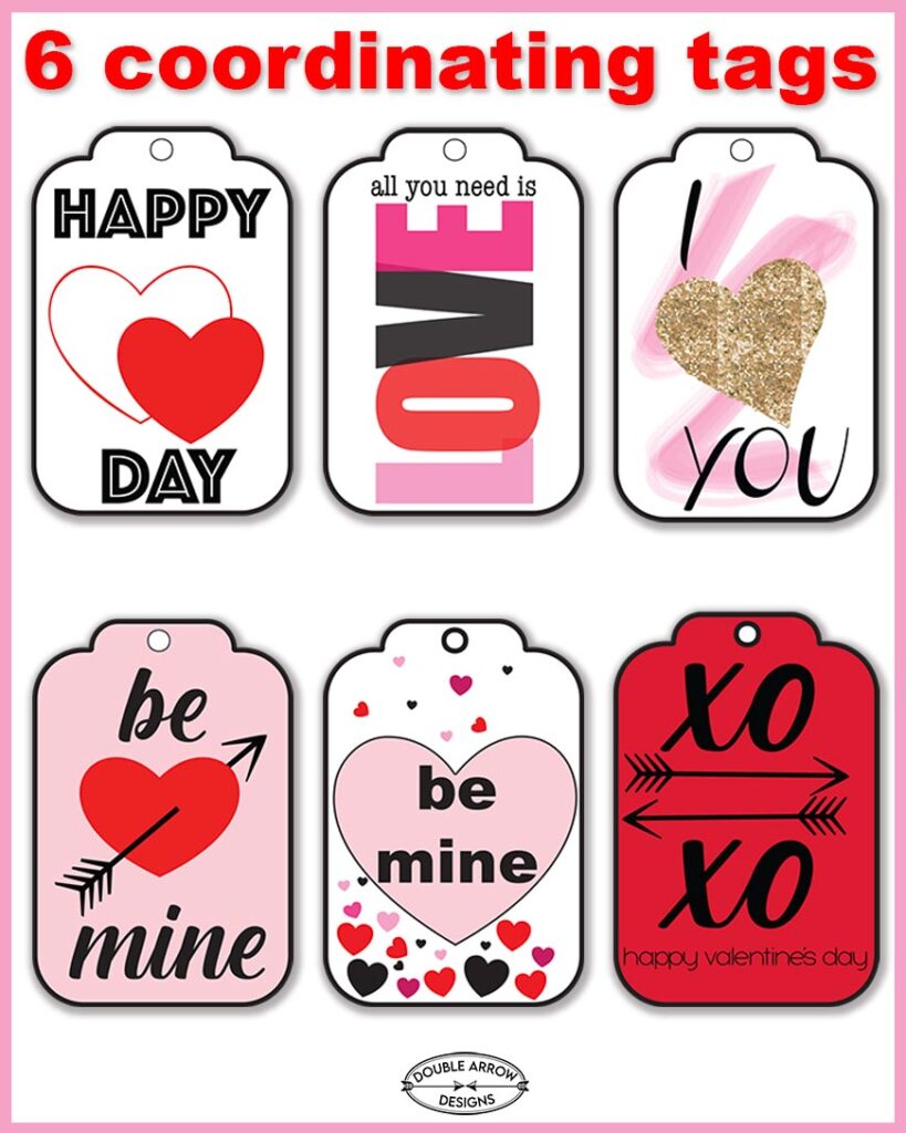 6 coordinating valentine tags for valentine care package