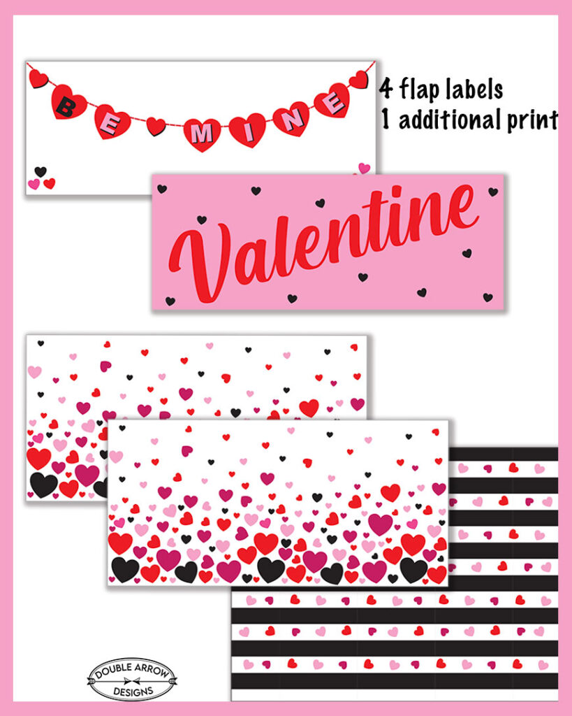 valentine care package flap labels. be mine, valentine with additional heart and stripe prints.