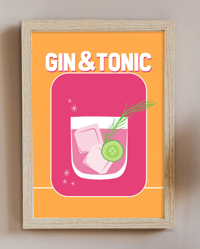 cocktail wall art print Gin and tonic with a graphic of the cocktail.