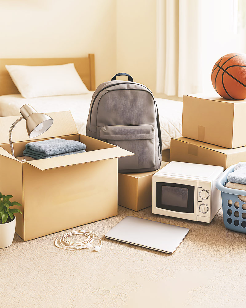 college guy dorm room with move in boxes, backpack, lamp, basketball , laundry and microwave