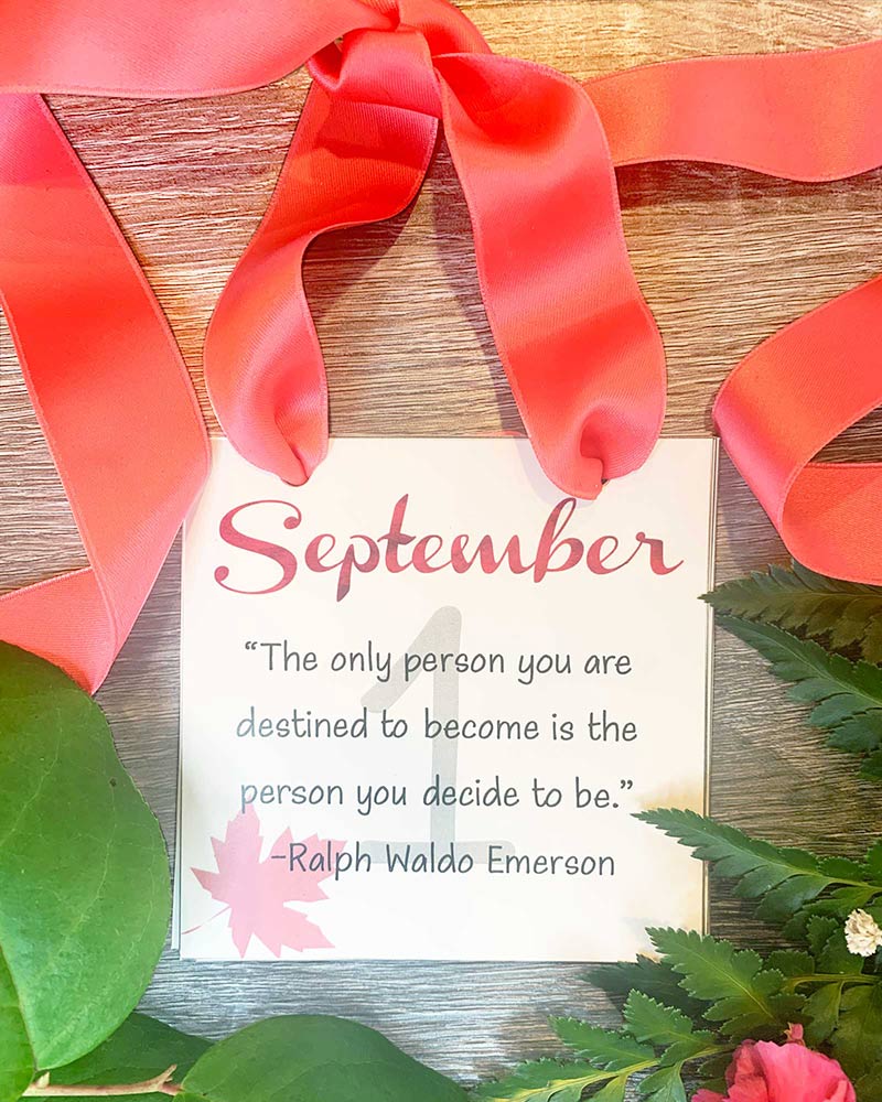 September calendar printable with inspirational quote. tied with a red ribbon 