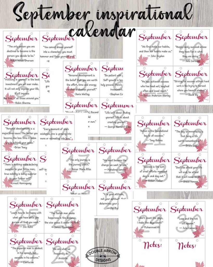 september inspirational calendar pages with inspirational quotes.