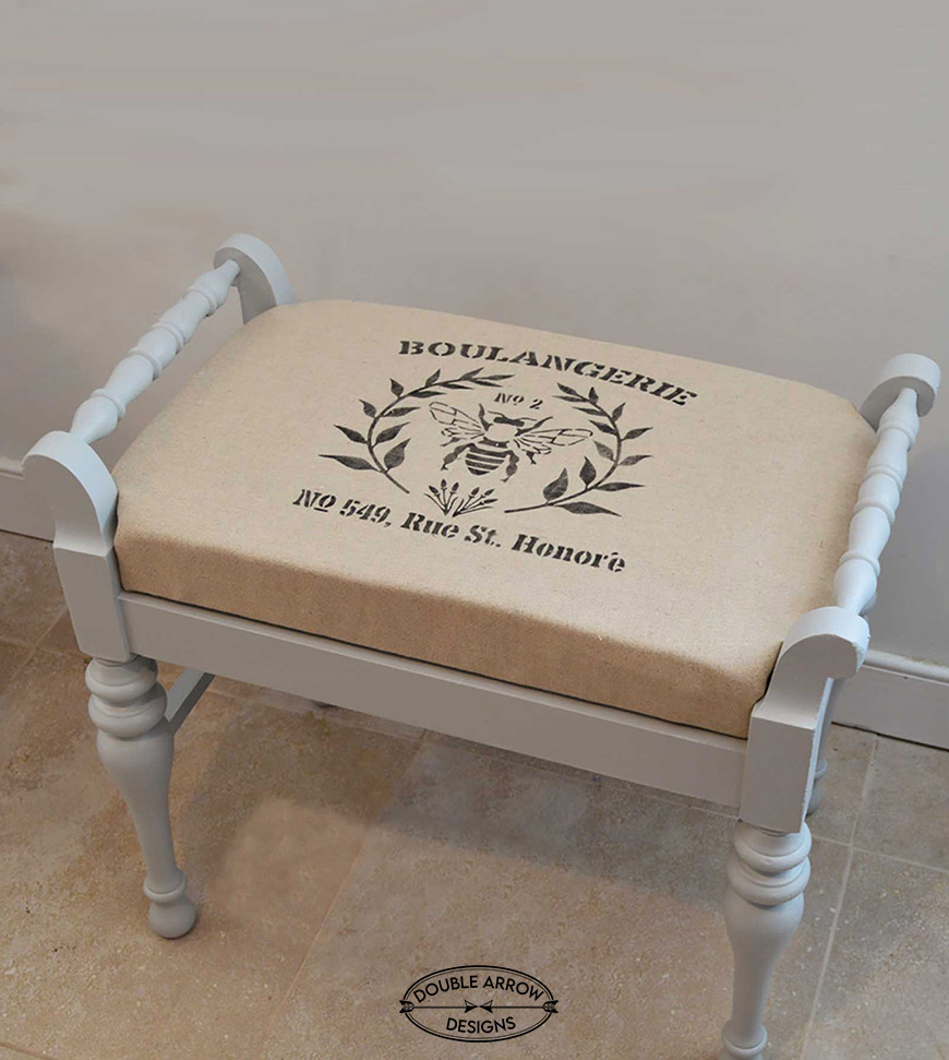 french inspired bee stencil on upholstered painted bench