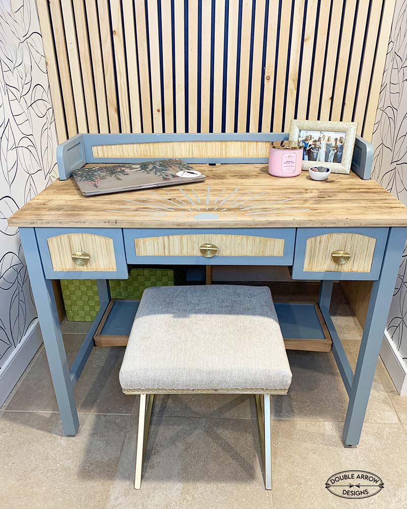 old desk makeover in natural wood and blue paint and stencil