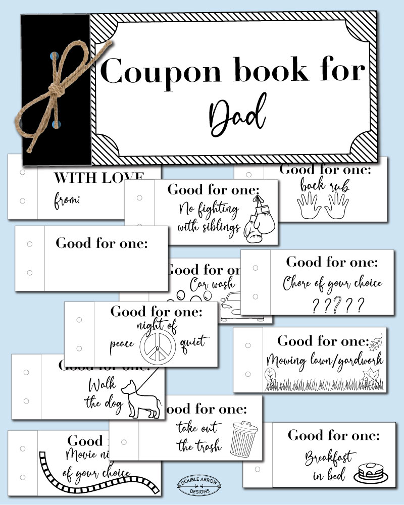 Father's day coupon book showing a completed book and 10 good for one actions and blanks to fill in