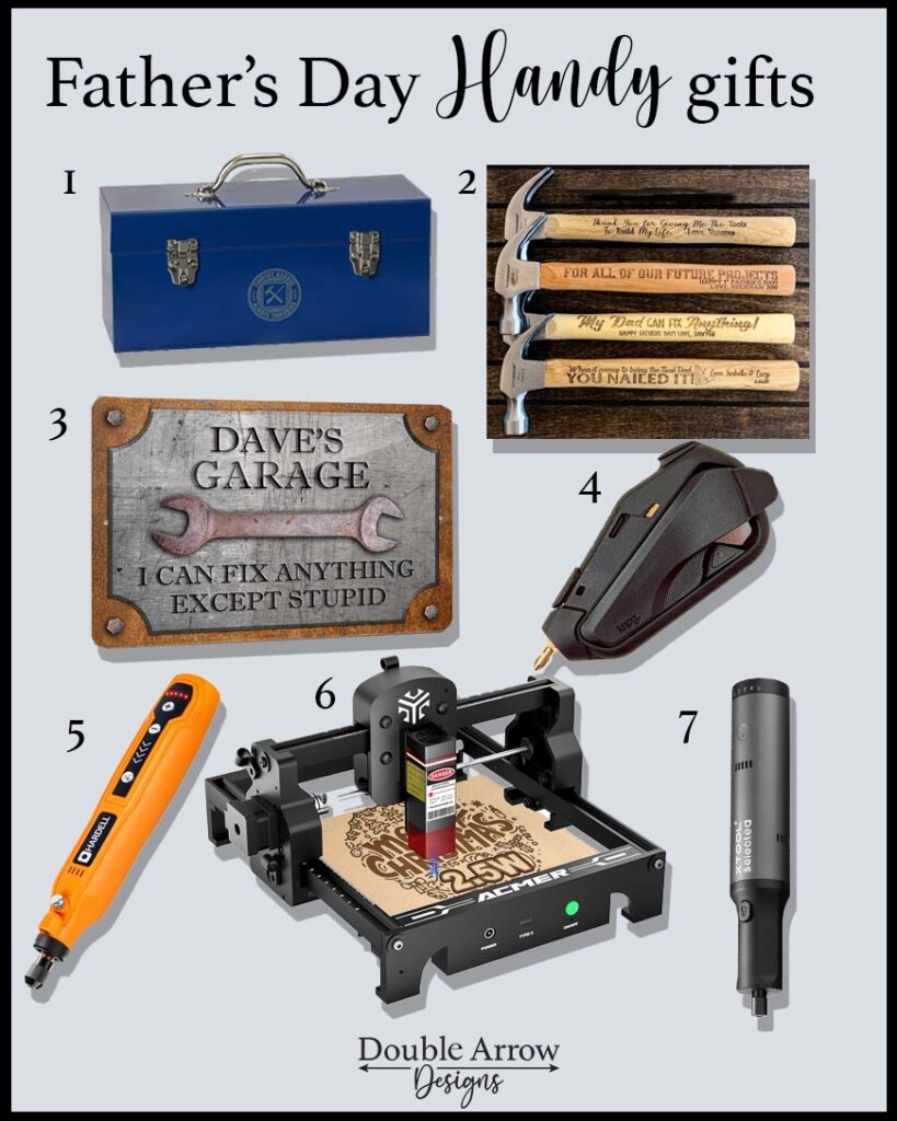 Father's Day gifts for a handy dad showing different tools and accessories for gifts