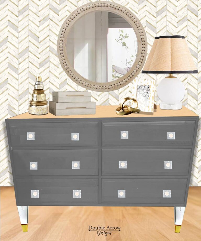 Dresser Makeover with acrylic square knobs, round wall mirror, desser accessories