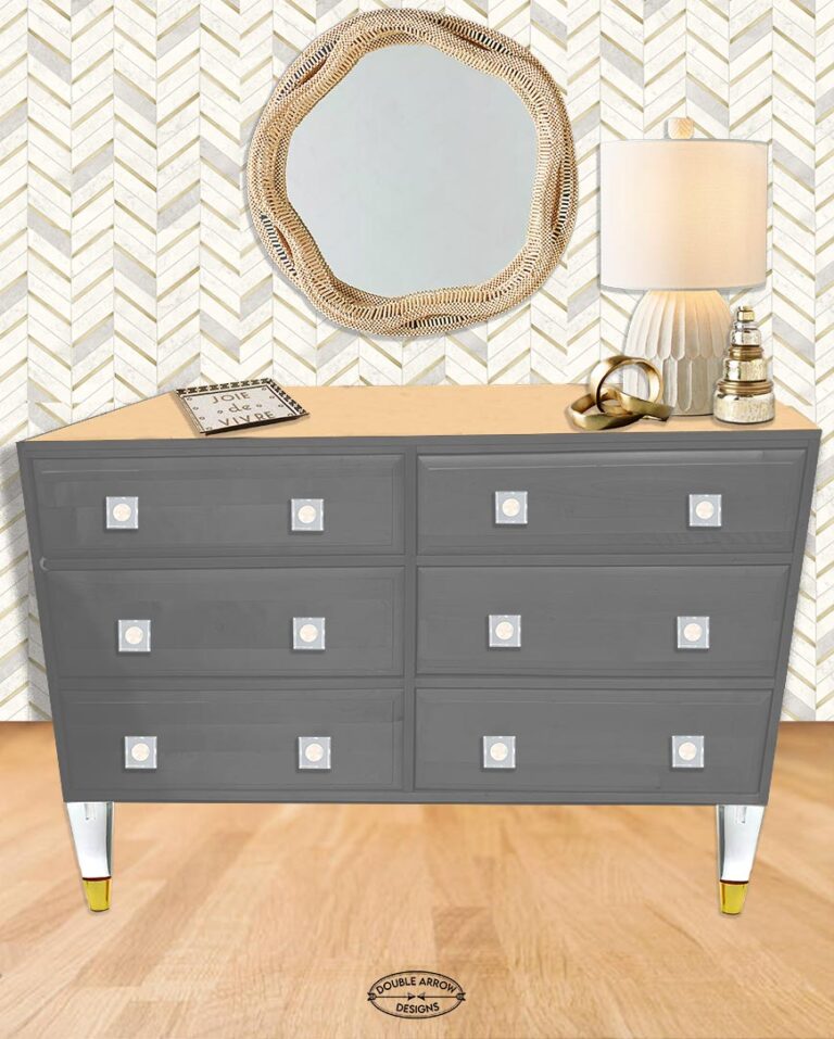 old dresser desk makeover to grey with acrylic knobs and legs. Accessorizing with a mirror, lamp and other items.