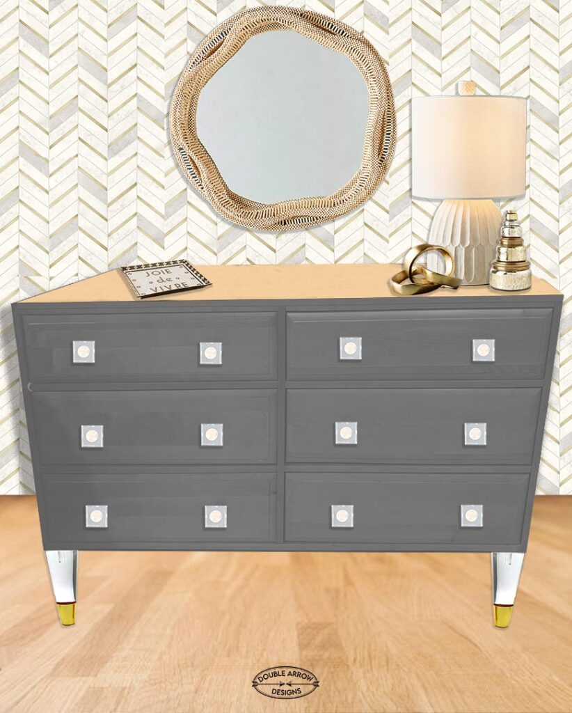 Old Dresser Makeover painted in grey with acrylic square knobs and legs with gold accents.