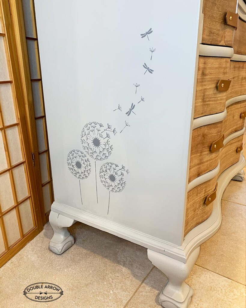 dandelion furniture stencil on side of painted secretary desk