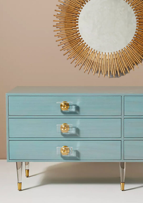 Lacquer dresser with acrylic knobs and pulls with round Wall mirror