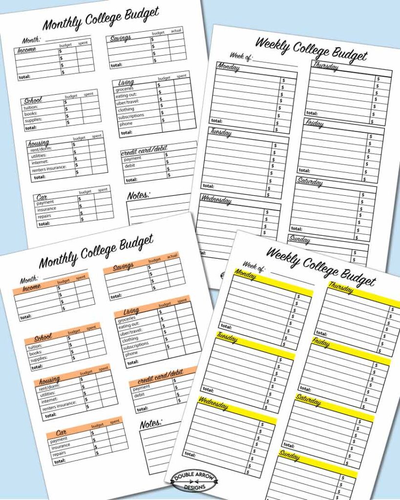 weekly and monthly budget worksheets in color and black and white