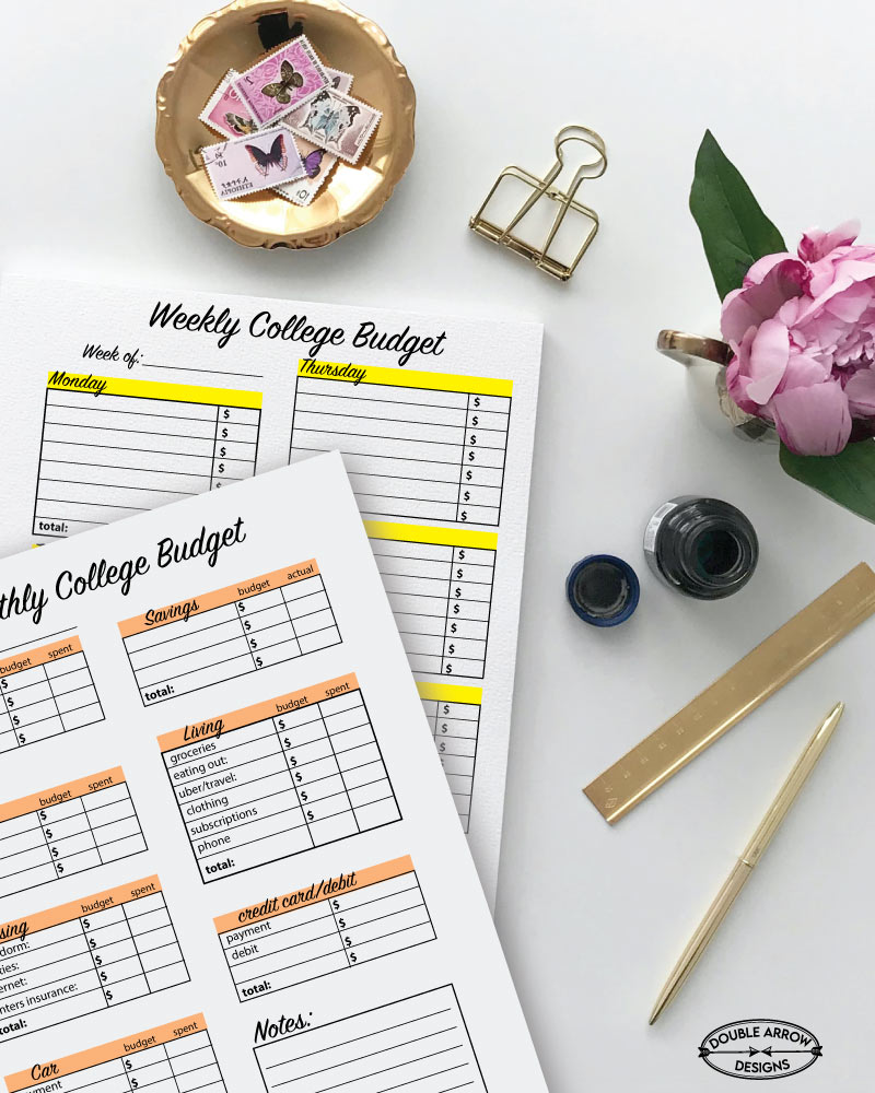 College Student Budget Template monthly and weekly worksheets with stamps,flower, ruler and pen