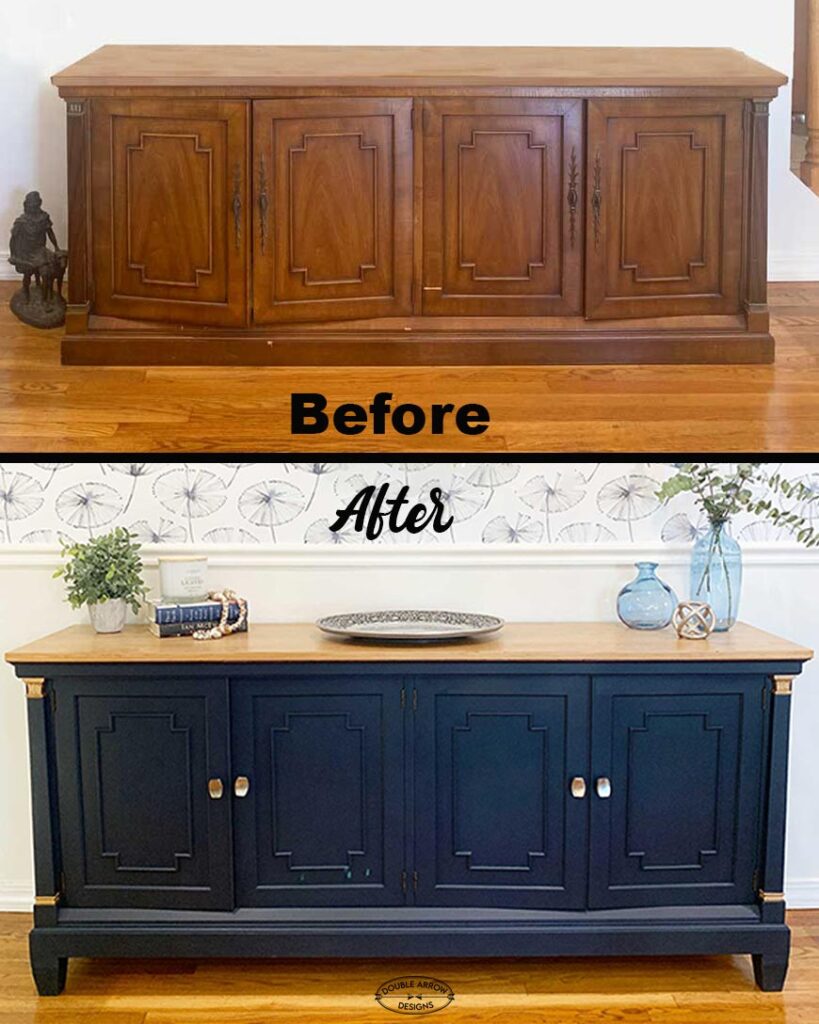 before and after of cabinet. PAinted and added legs and new hardware.