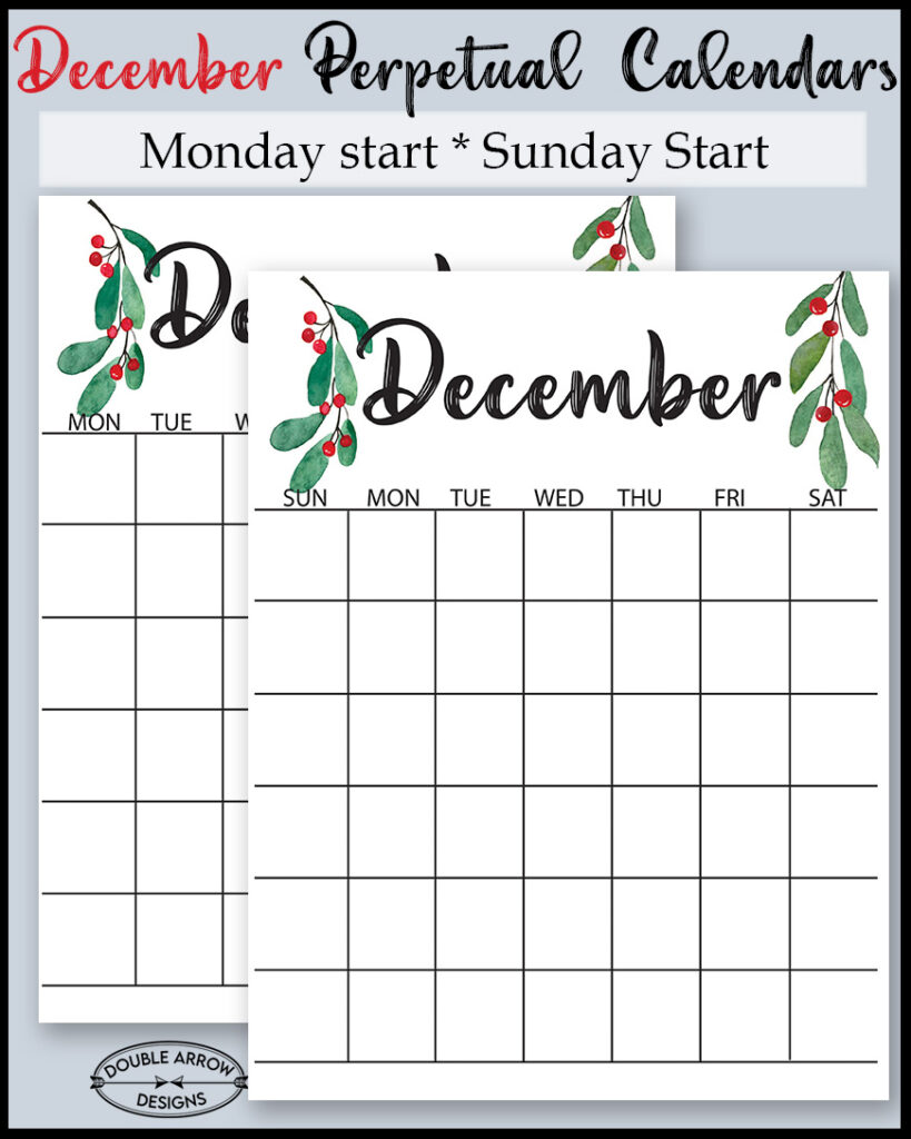 December perpetual calendar monday and sunday starts